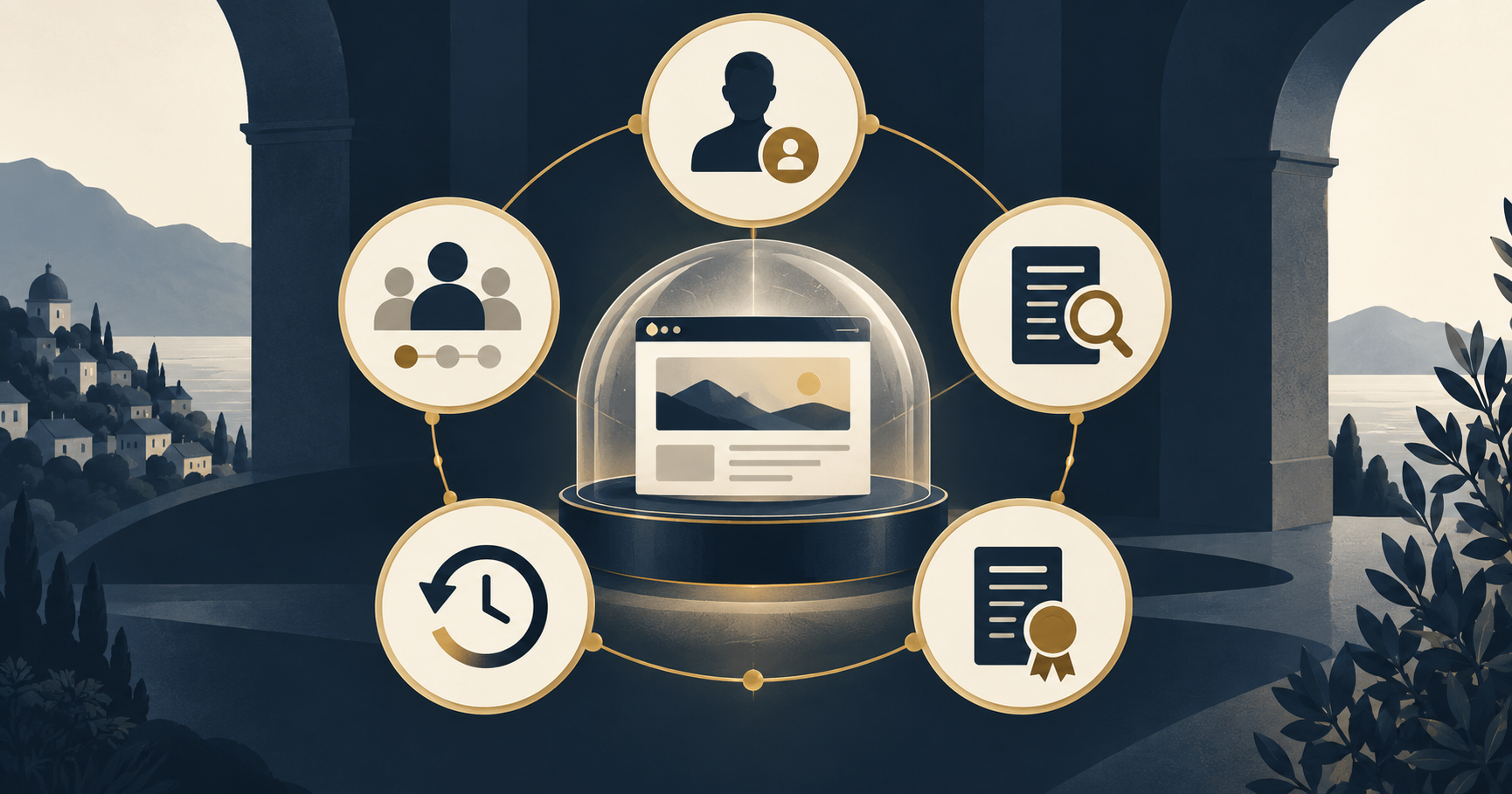 A WordPress access-control illustration connecting identity, authority, review, evidence, and recovery.